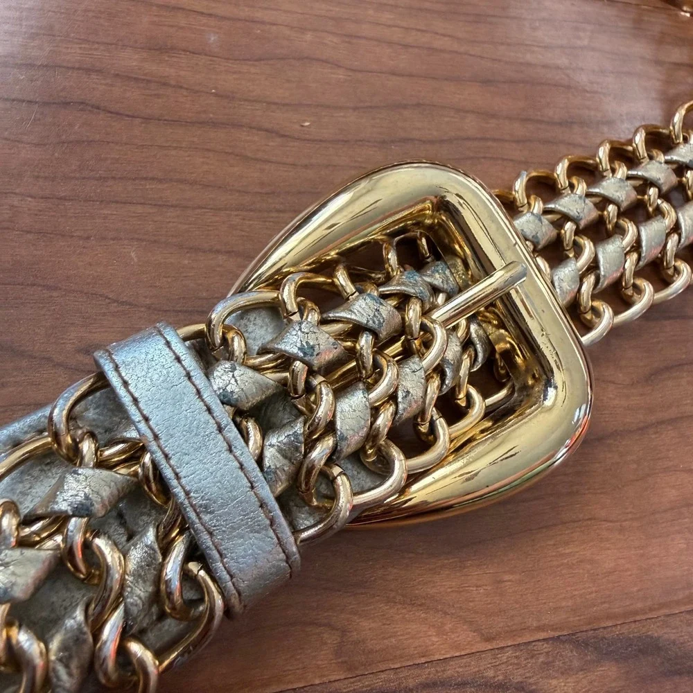 Vintage Gold Multi Strand Woven Chain Belt Y2K Silver Metallic Interlace M/L